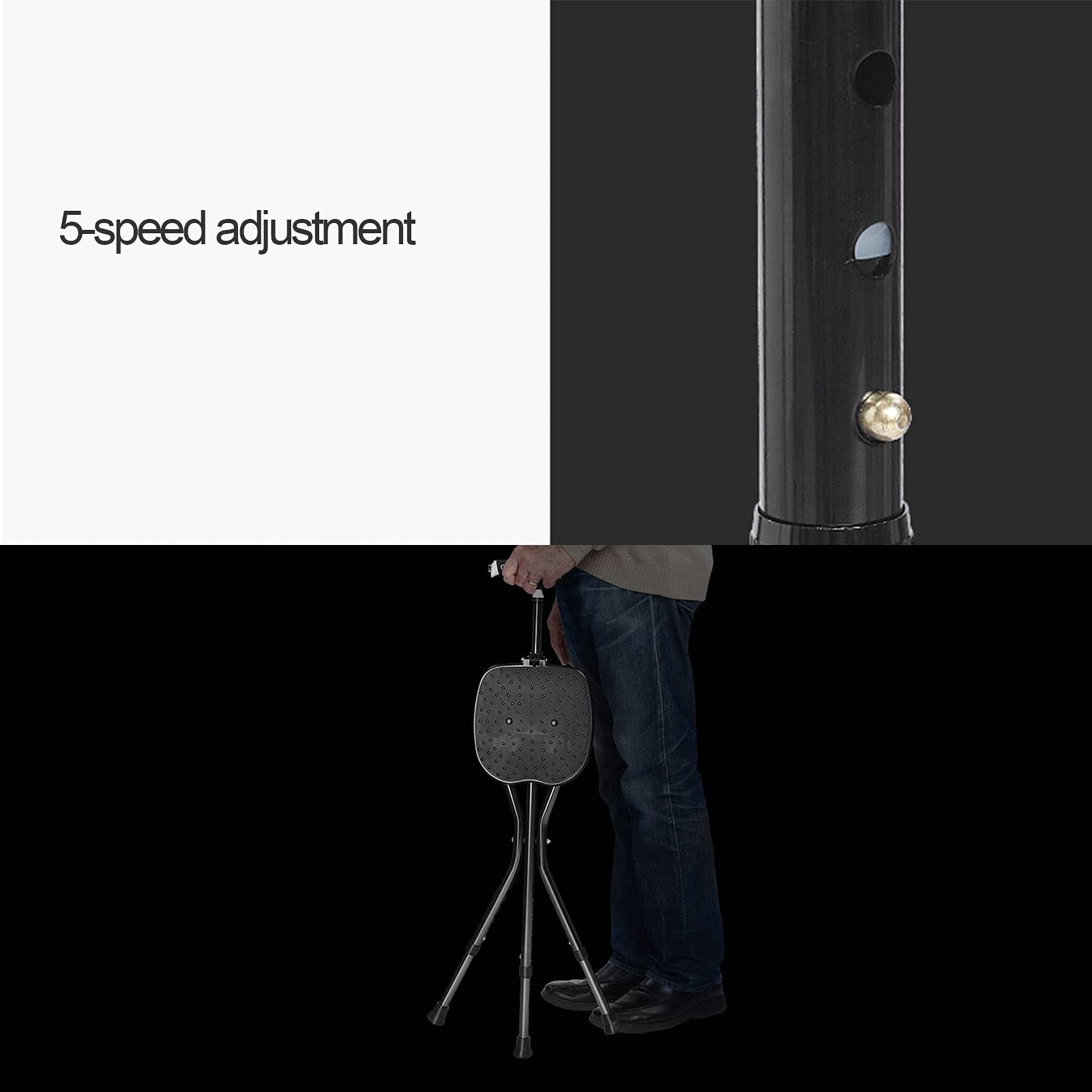 Asiento de bastón Plegable, Silla de caña de Aluminio Ajustable de Altura con luz LED, Taburete de muletas de Masaje para Ancianos, Personas Mayores y discapacitados, Base Antideslizante