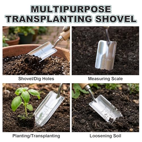 Image of Berry&Bird 4 inch Measuring Transplanting Trowel, Stainless Steel Garden Hand Shovel with Ash Wood Handle & Leather Hanging Loop, Heavy Duty Gardening Tool for Digging, Planting, Potting & Loosening Soil