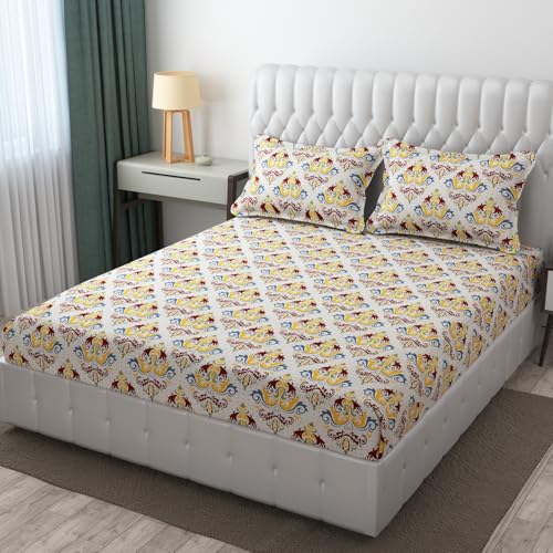 Image of IVAZA Ezyption Cotton 280 TC Soft and Warm Bedsheet Set for Double Size Bed Soft Durable bedsheet with 2 Pillow Cover Yellow White
