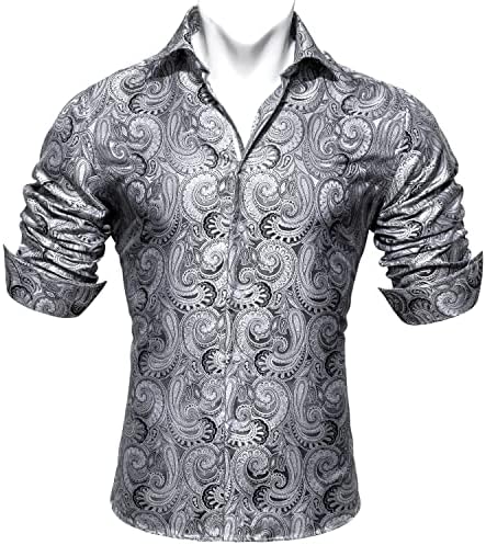 Barry.Wang Shirts for Men Silk Paisley Dress Shirt Regular Fit Long Sleeve Button for Wedding Prom Casual/Formal
