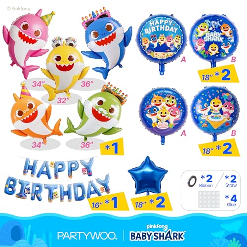 Image of PartyWoo Baby Shark Family Foil Balloons 13pcs Baby Shark Family Blue Round Star Mylar Happy Birthday Banner Letter Balloons for Boys and Girls Under the Sea Kids Birthday Party Decorations