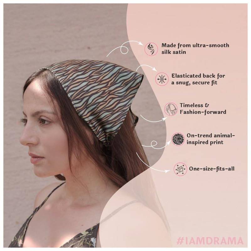 Image of Hair Drama Co. Elastic Bandana Head Scarf for Women | Silk Satin Head Wrap Bandana Scarves | Boho Style Statement Headband Stylish Design | All Day Wear Scarves | Hair Scarf Accessories