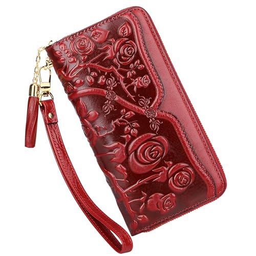 KWBQZGA Genuine Leather Wallets for Women Designer Floral Wristlet Wallet Ladies Clutch Purse with Tassel (20098 Purple)