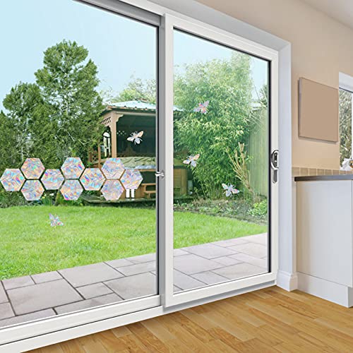 Image of STICKERGURU 16 Pieces Hexagons and Bee Window Clings - Anti-Collision Window Decals to Save Birds from Window Collisions,Non Adhesive Prismatic Vinyl Window Clings, Rainbow Stickers, Bright,rainbow