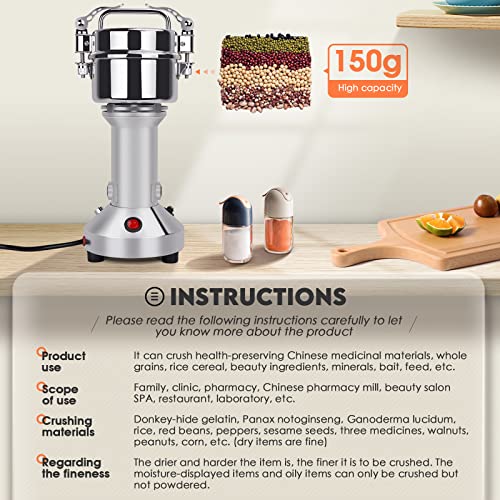 Getreidemühlen Elektrisch, 150g Rostfreier Stahl Schnelle Superfine Mühle Kornmühlen Trocken Kräuter Getreide Grinder mit Überlastschutz für Kräuter Gewürze Nüsse Getreide Herb Powder Maschine