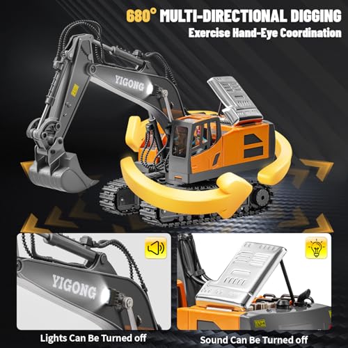 Image of Remote Control Excavator, Construction Rc Digger for Kids Boys Age 4-14 + Year Old Birthday, Rechargeable Excavator with Metal Shovel, Lights, Sounds, 2.4Ghz, Grey