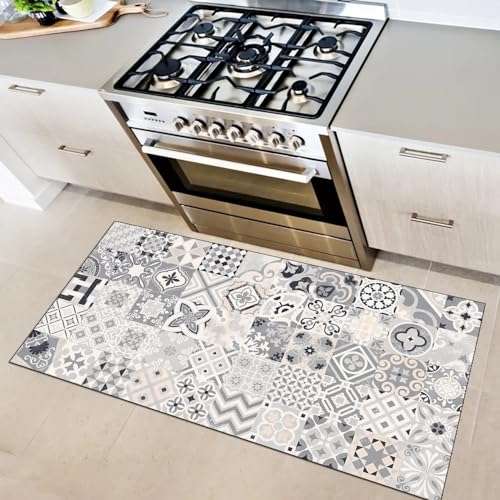 Alfombra de pasillo gris antideslizante con diseño boho lavable 2
