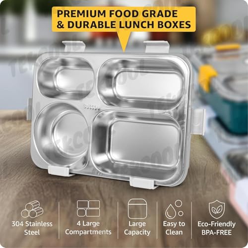 Image of TEKCOOL Lunch Box for Adults - Lunch Box for Kids - with Spoon & Fork - Stainless Steel Lunch Box with 4 Compartment - Durable Perfect Size for On-The-Go Meal, BPA-Free-';