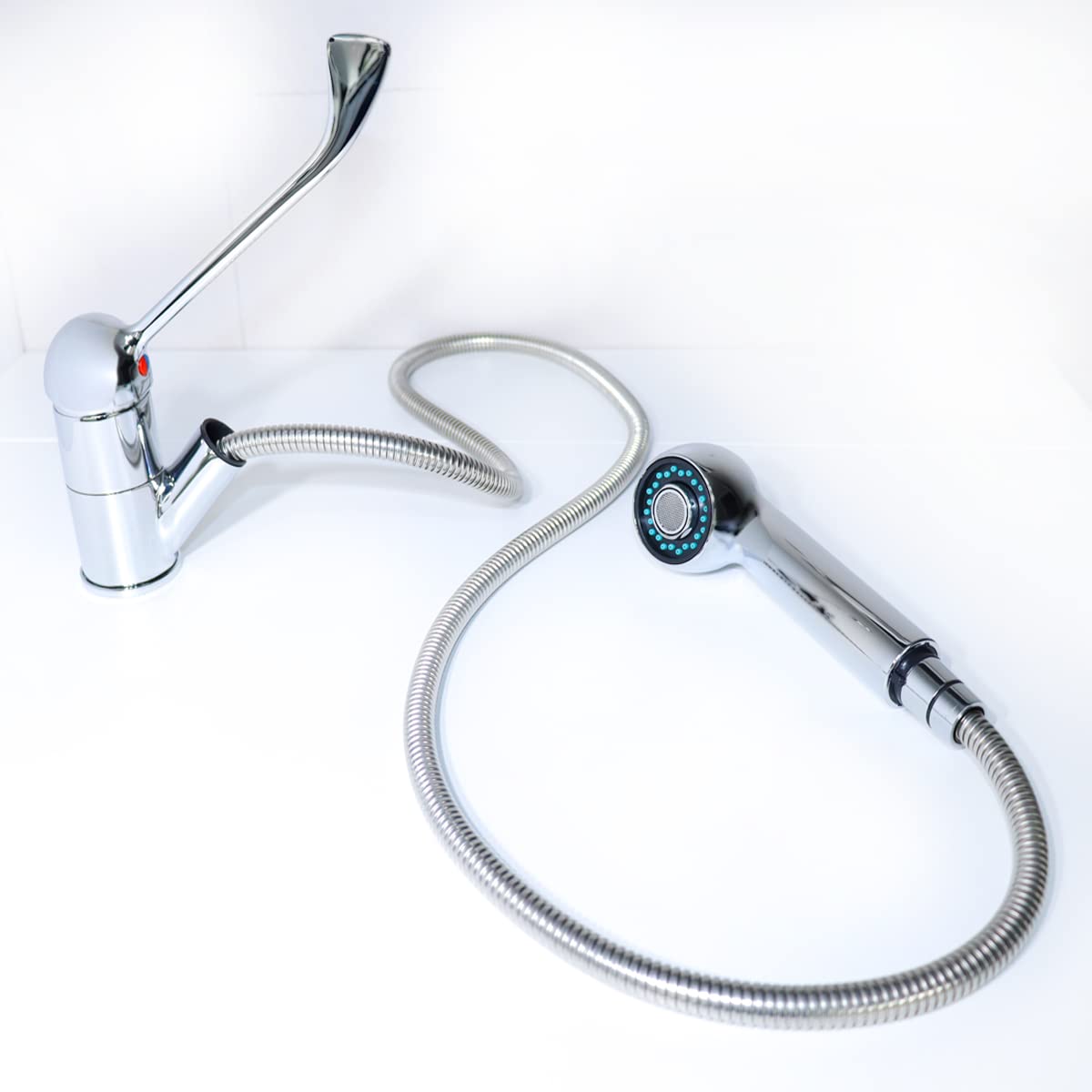 GOLDMAN SERVICE Grifo de Cocina extraíble spray ducha - Monomando Gerontológico palanca larga codo - Uso doméstico medical sanitario hospitales laboratorios hostelería industria