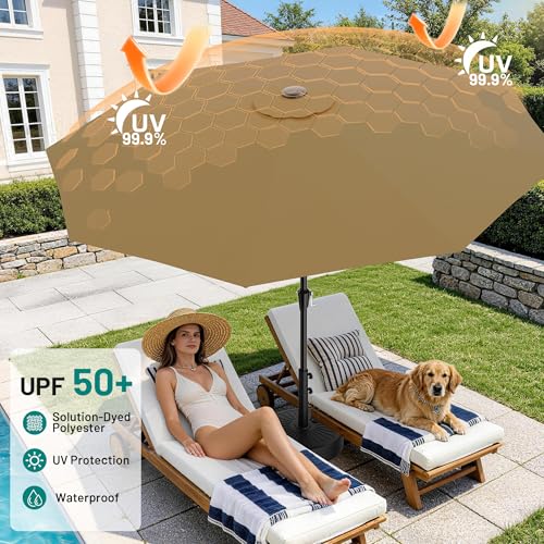 Image of AreShark 9 FT Patio Umbrella for Outdoor, Outdoor Table Umbrella with Push Button Tilt and Crank, Outdoor Patio Umbrellas with 8 Sturdy Ribs for Market, Garden, Pool (Khaki)