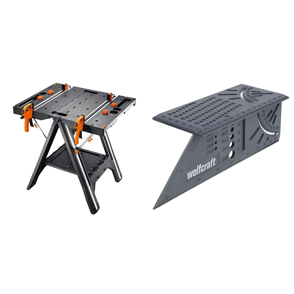 WORX - Table de Travail et chevalet de sciage Multifonctions Pegasus - WX051 & wolfcraft 5208000 - Équerre 3D d'onglet - Traçage Angle de 45° à 90° - 150 x 275 x 66 mm