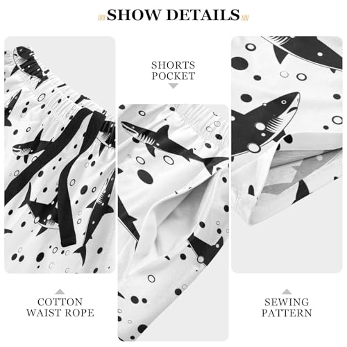 Shark on Black Mens Pajama Shorts Soft Pants Lounge Sleepwear Bottoms with Drawstring & Pockets4