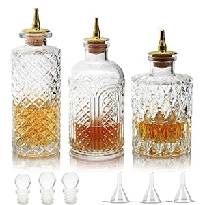 Bitters Flessen, set van 3 vintage glazen dasherfles, cocktailmengglazen flessen met kurk, roestvrijstalen dashtop, antiek professioneel thuisbar, keukencadeau