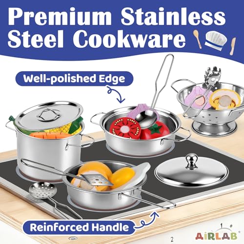 Foto von Airlab Kinderküche Spielküche Zubehör, Küchenzubehör Töpfe Holz & Edelstahl, Puppenküche Kochset, Holzspielzeug Kinder Küche Zubehör Töpfe mit Gemüse, Pädagogische Rollenspiele Geschenk für Kinder