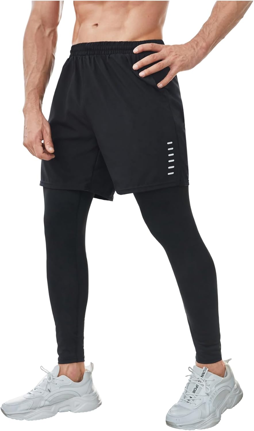 OYOANGLE Men's 2 in 1 Sports Pants Compression Athletic Workout Sweatpants Shorts Leggings with Pocket