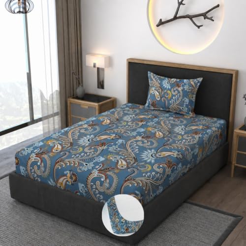 Image of Vaini Premium Heavy Cotton Elastic Fitted Bedsheets with 1 King Size Pillow Covers || Single Bed with All Around Elastic 350 TC || 36 x 78 x 6 Inch Single Size Fitted || :- Blue Jaipuri