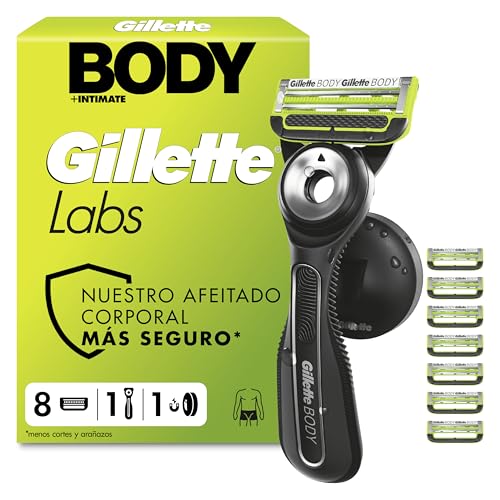 GilletteLabs Body + Intimate Maquinilla Corporal Hombre con 8 Recambios - Mango de Goma, Cuchillas con Barra Anti-vellos Encarnados Y Soporte Magnético, Depilación Íntima Y Afeitado Corporal Masculino