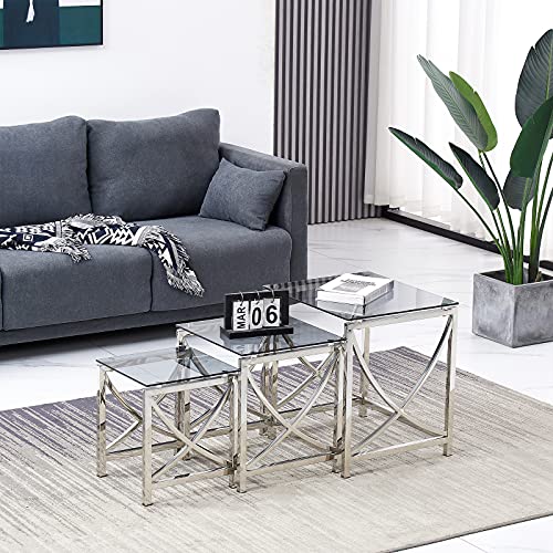 JYMTOM Satztisch 3er Set Couchtisch Beistelltisch aus Edelstahlgestell und Hartglas für Wohnzimmer Cafè und Bar modernes Design Sofatisch (Silber B, schwarzes Glas) Cover