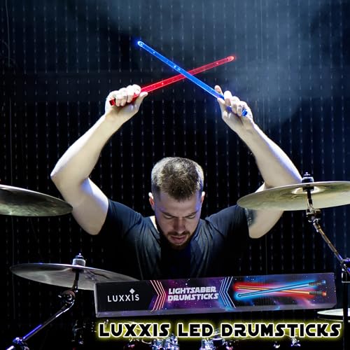 Luxxis Lightsaber Drumsticks for Adults and Kids - Rechargeable Glow Sticks Light up 15 Multi Color Changing Led Drum Sticks - Drummer Accessories Gifts (1 Pair)