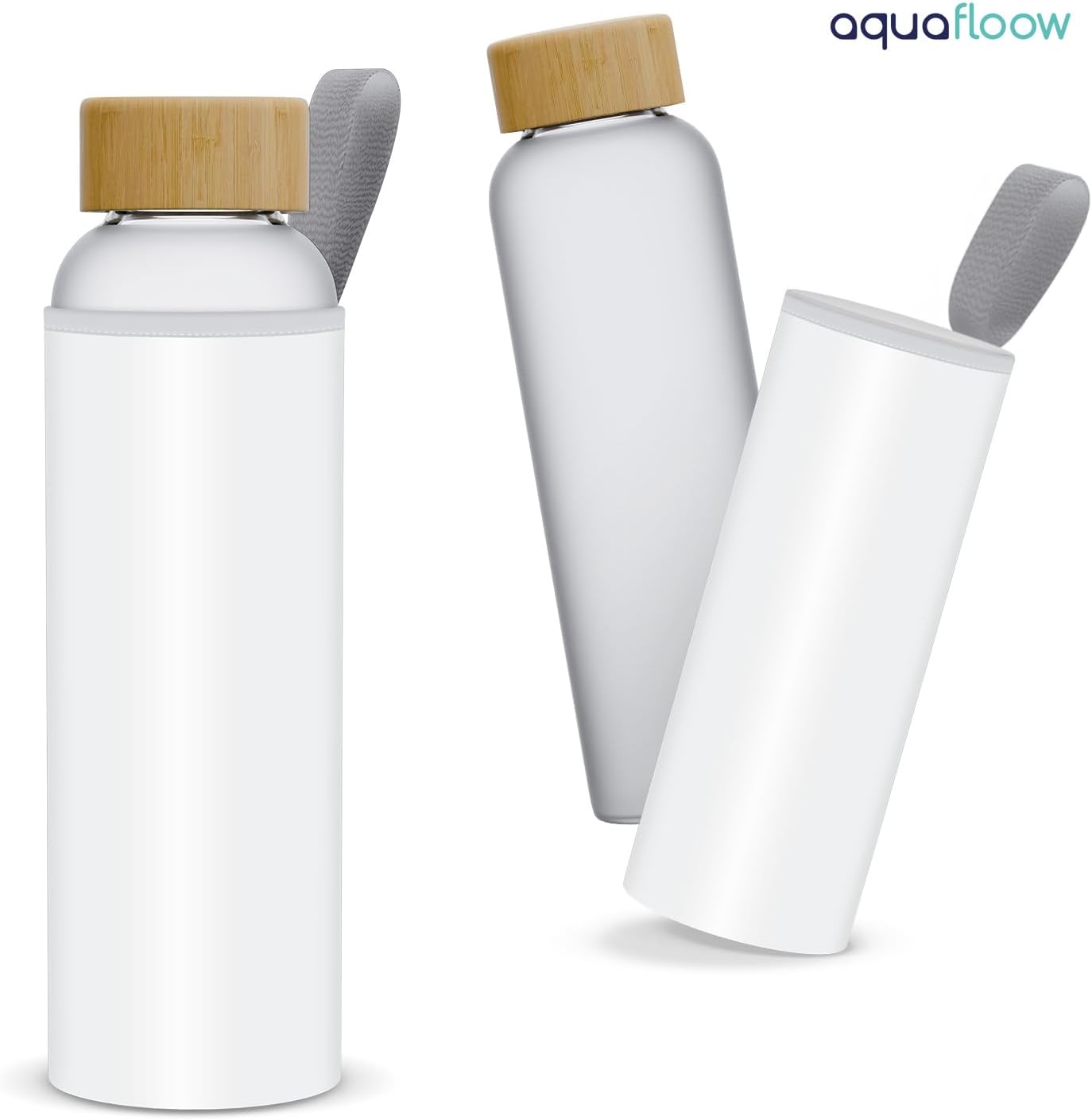 Drinking Bottle Glass 700 ml, Transparent Water Bottle Borosilicate Glass with Bamboo Lid and Neoprene Sleeve | Ideal for Office, Outdoor, School, for Carbonated Drinks – white