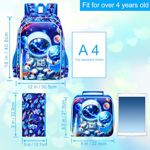 Image of 3Pcs Space Backpack for Boys, 16 inch Astronauts Bookbag with Lunch Box, Kids School Backpacks Set for Elementary Preschool Kindergarten (Blue)
