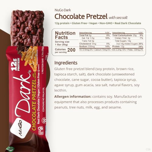 Image of NuGo Dark, Pretzel & Coconut, 12g Vegan Protein Bar, Gluten Free, 24 Count