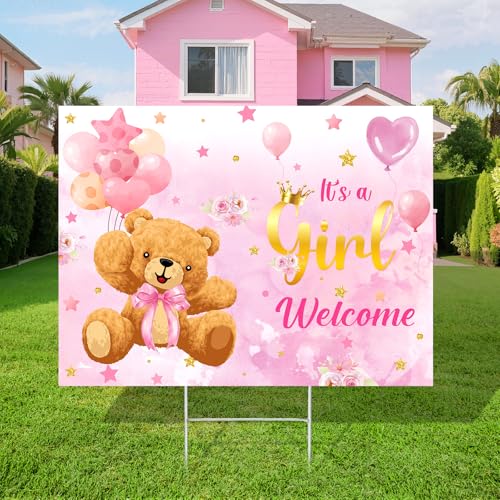 Welcome Baby Girl Yard Sign Pink Bear Theme