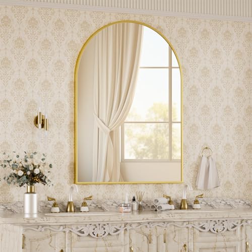 Image of BEAUTYPEAK 30 inchx40 inch Arch Bathroom Mirror, Wall Mounted Vanity Metal Frame Mirror for Bedroom, Entryway, Living Room, Gold