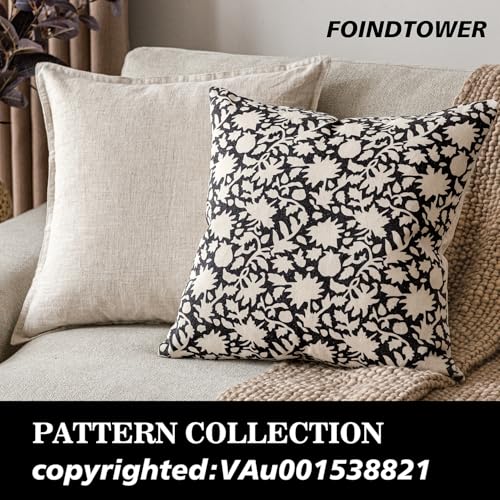 Image of Foindtower Set of 2 Decorative Neutral Floral Throw Pillow Covers Accent Farmhouse Cushion Covers Boho Vintage Pillowcase for Couch Sofa Bedroom Living Room Home Decor18x18 Inch,Black