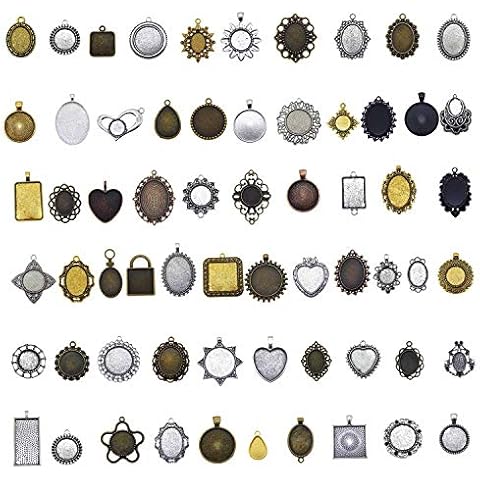 Julie Wang 40PCS Antiqued Bronze Silver Bezel Tray Pendant Blanks Base Charms for Resin Mold Setting Photo Necklace Jewelry Making No Duplicates Cover