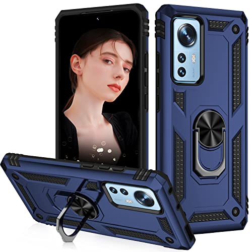 AENLIG Case Coque pour Xiaomi 12,Coque Xiaomi 12X,Antichoc Housse Étui 360° Rotatif Militaire PC Dur Renforcée Armor Antichoc Bumper pour Xiaomi 12 5G - Bleu Cover
