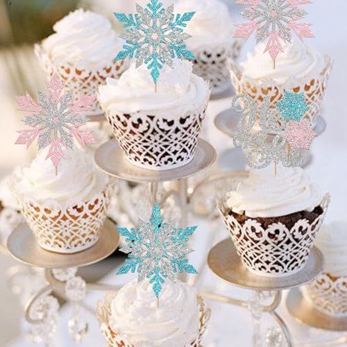 Rsstarxi 24 Pack Snowflake Gender Reveal Cupcake Toppers Pink Blue Glitter He or She Cupcake Picks Winter Snowflake Cake Decorations for Winter Wonderland Birthday Baby Shower Party Supplies