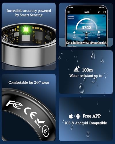 Image of Smart Ring for Women & Men with Display, Health Ring with Heart Rate, Sleep Monitor, IP68 Waterproof Fitness Ring, Fitness Tracker Ring, No APP Fee for iPhone and Android (Silver, 13#)
