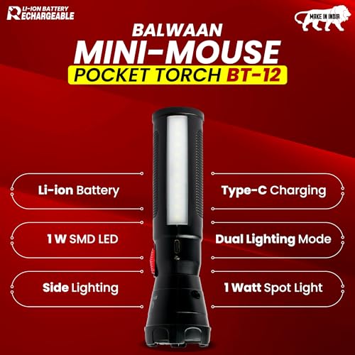 Image of Balwaan Krishi Rechargeable LED Search Light Torch | Handheld Flashlight Torch 1200mAh Battery, 1W SMD LED, Type-C Charging, 3-4 Hours Runtime, for Trekking, Agricultural & Outdoor Activities | BT-12