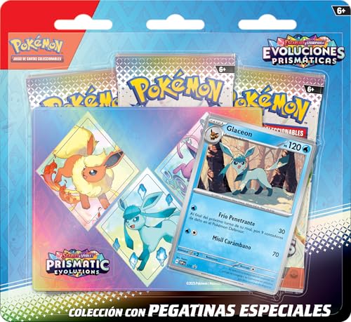 JCC Pokémon: Colección con Pegatinas Especiales de Escarlata y Púrpura-Evoluciones Prismáticas - Glaceon (1 Carta holográfica de promoción y 3 Paquetes de Mejora)