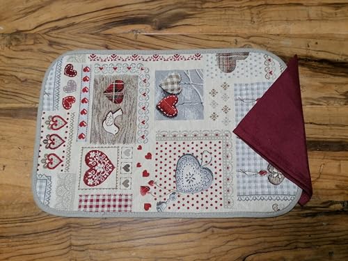 Set de table matelassé avec 1 serviette, motif Shabby Cœurs rouges 100 % coton, fabriqué en Italie.