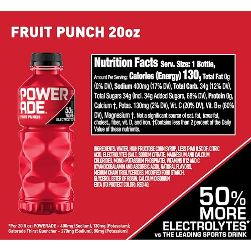 Image of Powerade Fruit Punch, Electrolyte Enhanced Sports Drink, 20 Fl Oz Bottles, 8 Pack | Sport Beverage Enhanced with Electrolytes | 50% More Electrolytes vs. the Leading Sports Drink (per 12oz serving)*