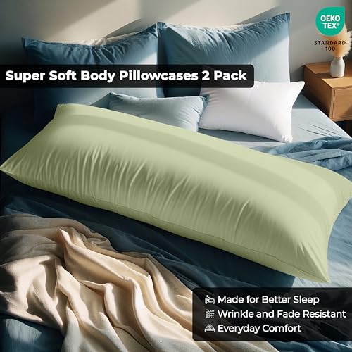 Image of ROYALE LINENS Body Pillow Cover - Double Brushed 1800 Microfiber - 20 inchx54 inch with Hidden Zipper Closure - Wrinkle & Fade Resistant - Super Soft Body Pillowcase 2 Pack (Sage, Pack of 2)