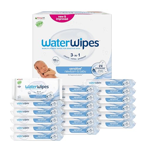 WaterWipes Sensitive+ Newborn & Baby Wipes, Toallitas Para Recién Nacidos y Bebés, 1080 unidades (paquete de 18), 3 en 1 Limpia, Cuida, Protege, 99,9% Agua, Sin perfume