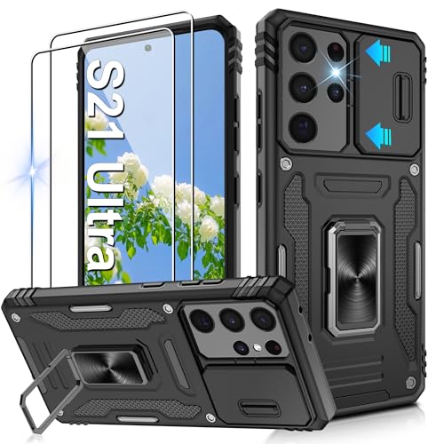 Jshru for Samsung S21 Ultra Case with Screen Protector-Camera Protective Cover Ring Stand Phone Case for Men and Women Shockproof Bumper Phone Cover for Samsung Galaxy S21 Ultra Black