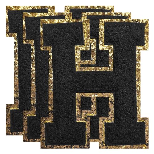 TXSN 3PCS Black Chenille Letters Patch, Large Size 4-1/2" Iron on Letter Patches Varsity Patches for Clothing, H