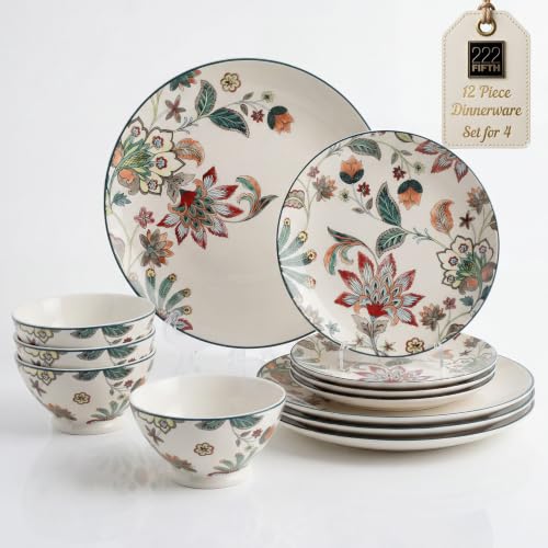 Image of 222 Fifth Perse 12-Piece Porcelain White Dinnerware Set | Microwave and Dishwasher Safe Big Dinner Plates and Bowls Sets for 4 | Stackable, Chip-Resistant Ceramic | Gifts for Housewarming & Wedding