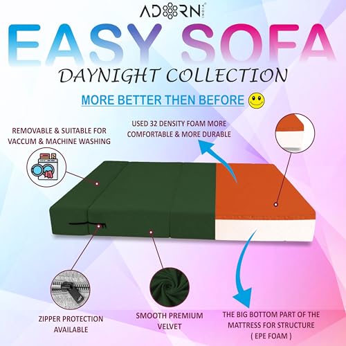 Image of Adorn India Easy 3 Seater Sofa Cum Bed | Velvet Fabric | Dark Green | Plain Design | 6x5 Ft | Comfortable Seating | Washable Cover | Perfect for Home & Office