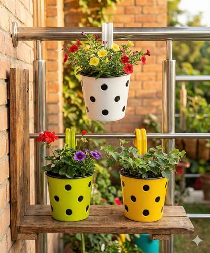 Image of Premium Hook Planter with Inner Pot | Polka Dot Hanging Planter for Balcony & Railings | Sturdy Plastic | Built-in Drainage | Vibrant Colours | Indoor & Outdoor Gardening (3 Pot, Mix)