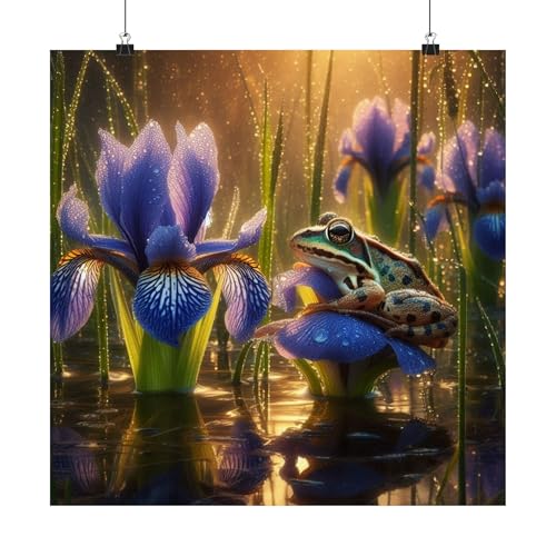 Blue Flag Iris and Northern Leopard Frog Matte Poster 18x18 inch Made in USA