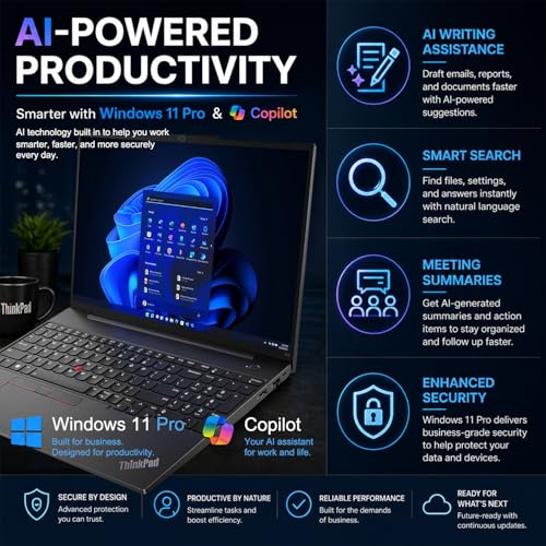 Image of Lenovo ThinkPad AI Business Laptop, 16 inch WUXGA IPS Display, Intel Core i5-1335U(>i7-1255U), 12GB RAM, 512GB SSD, Backlit KB, Fingerprint Reader, Ethernet Port, Win 11 Pro, MS 365 Web Access