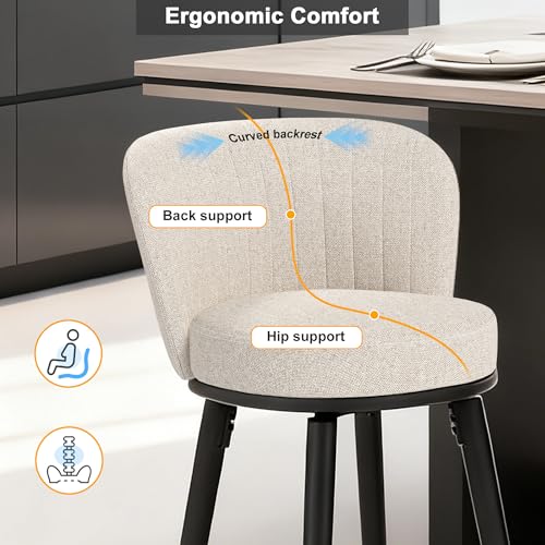Image of Swivel Bar Stools, 28 inch Seat Height Bar Stools Set, Tufted Modern Design, Upholstered Barstools with Back and Footrest, Metal Legs, Suitable for Kitchen Island, Counter, Dining Room (4, White)