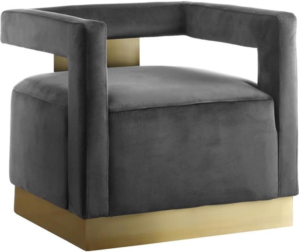 Meridian Furniture Armani Collection Modern | Contemporary Velvet Upholstered Accent Chair with Sturdy Steel Base and Back in Gold Finish, 31.5" W x 28" D x 28" H, Grey