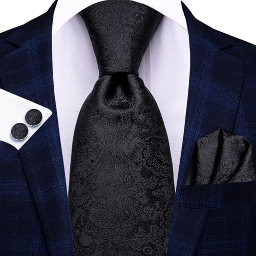 Image of Hi-Tie Paisley Floral Ties Set for Men Silk Mens Stripes Necktie Pocket Square Cufflinks Set Formal Business