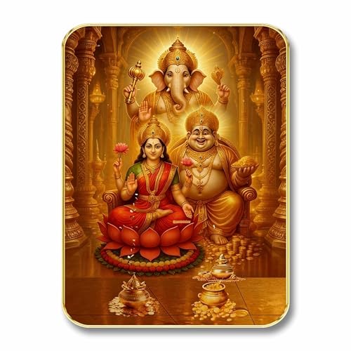 Image of SAF Ganesha Lakshmi Kubera Wall Art with Table Top Stand & Wall Hanging Hole | Premium MDF Religious Painting for Home Mandir Vastu Decor